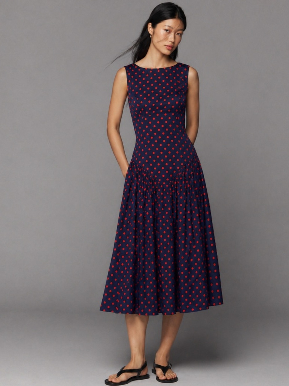 WAYF Navy Red Polka Dot Drop Waist Midi Dress Sleeveless A-Line M